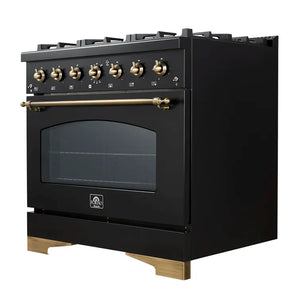FORNO Espresso Antico 36" 4.5 cu. ft. Gas Range with 6 Sealed Burners in Black with Antique Brass Accents, FFSGS6219-36BLK