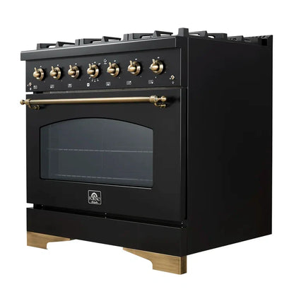 FORNO Espresso Antico 36" 4.5 cu. ft. Gas Range with 6 Sealed Burners in Black with Antique Brass Accents, FFSGS6219-36BLK