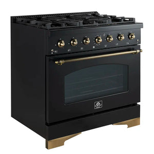 FORNO Espresso Antico 36" 4.5 cu. ft. Gas Range with 6 Sealed Burners in Black with Antique Brass Accents, FFSGS6219-36BLK