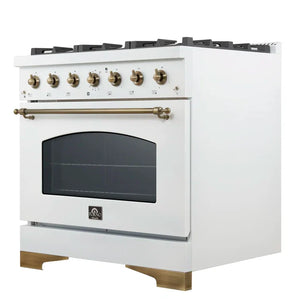 FORNO Espresso Antico 36" 4.5 cu. ft. Dual Fuel Range with 6 Sealed Burners in White with Antique Brass Accents, FFSGS6113-36WHT