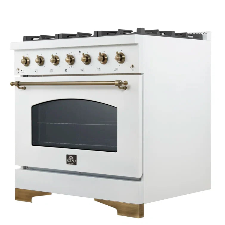 FORNO Espresso Antico 36" 4.5 cu. ft. Gas Range with 6 Sealed Burners in White with Antique Brass Accents, FFSGS6219-36WHT