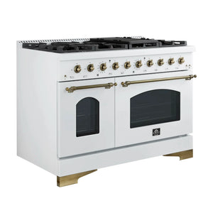 FORNO Espresso Antico 48" 5.5 cu. ft. Gas Range with 8 Sealed Burners and Griddle in White with Antique Brass Accents, FFSGS6219-48WHT