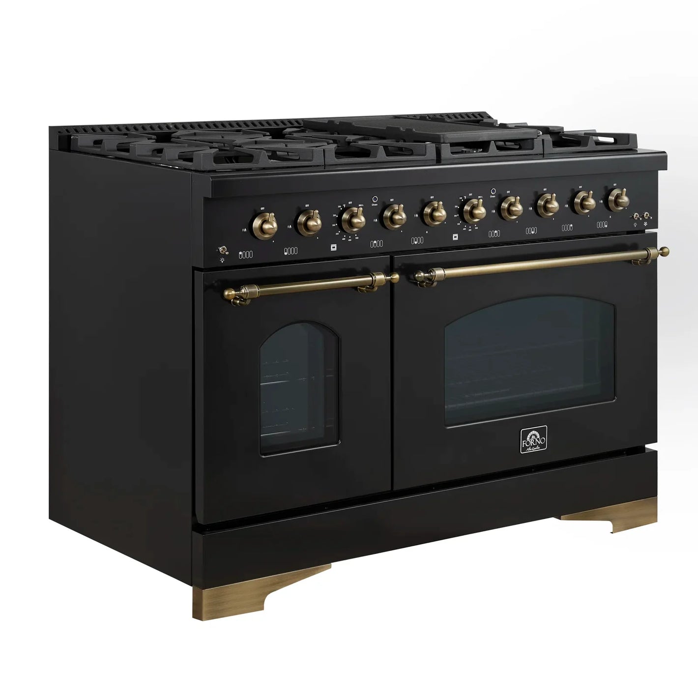 FORNO Espresso Antico 48" 5.5 cu. ft. Dual Fuel Range with 8 Sealed Burners and Griddle in Black with Antique Brass Accents, FFSGS6113-48BLK