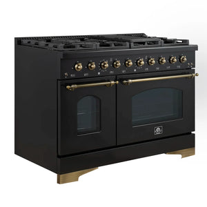 FORNO Espresso Antico 48" 5.5 cu. ft. Dual Fuel Range with 8 Sealed Burners and Griddle in Black with Antique Brass Accents, FFSGS6113-48BLK