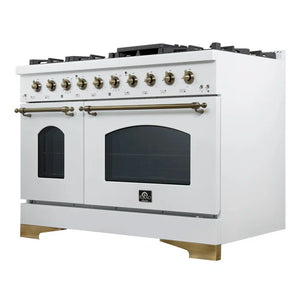 FORNO Espresso Antico 48" 5.5 cu. ft. Gas Range with 8 Sealed Burners and Griddle in White with Antique Brass Accents, FFSGS6219-48WHT