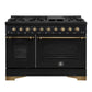 FORNO Espresso Antico 48" 5.5 cu. ft. Gas Range with 8 Sealed Burners and Griddle in Black with Antique Brass Accents, FFSGS6219-48BLK