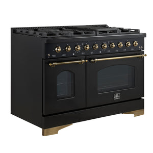 FORNO Espresso Antico 48" 5.5 cu. ft. Gas Range with 8 Sealed Burners and Griddle in Black with Antique Brass Accents, FFSGS6219-48BLK
