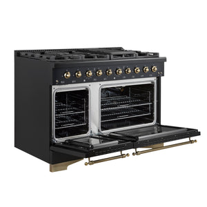FORNO Espresso Antico 48" 5.5 cu. ft. Gas Range with 8 Sealed Burners and Griddle in Black with Antique Brass Accents, FFSGS6219-48BLK