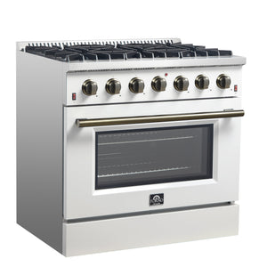 FORNO Espresso Galiano 36" 5.36 cu. ft. Gas Range with 6 Sealed Burners in White with Antique Brass Accents, FFSGS6244-36WHT