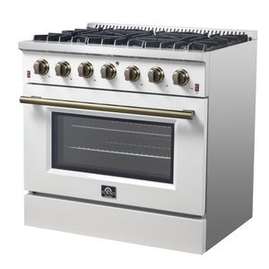 FORNO Espresso Galiano 36" 5.36 cu. ft. Gas Range with 6 Sealed Burners in White with Antique Brass Accents, FFSGS6244-36WHT