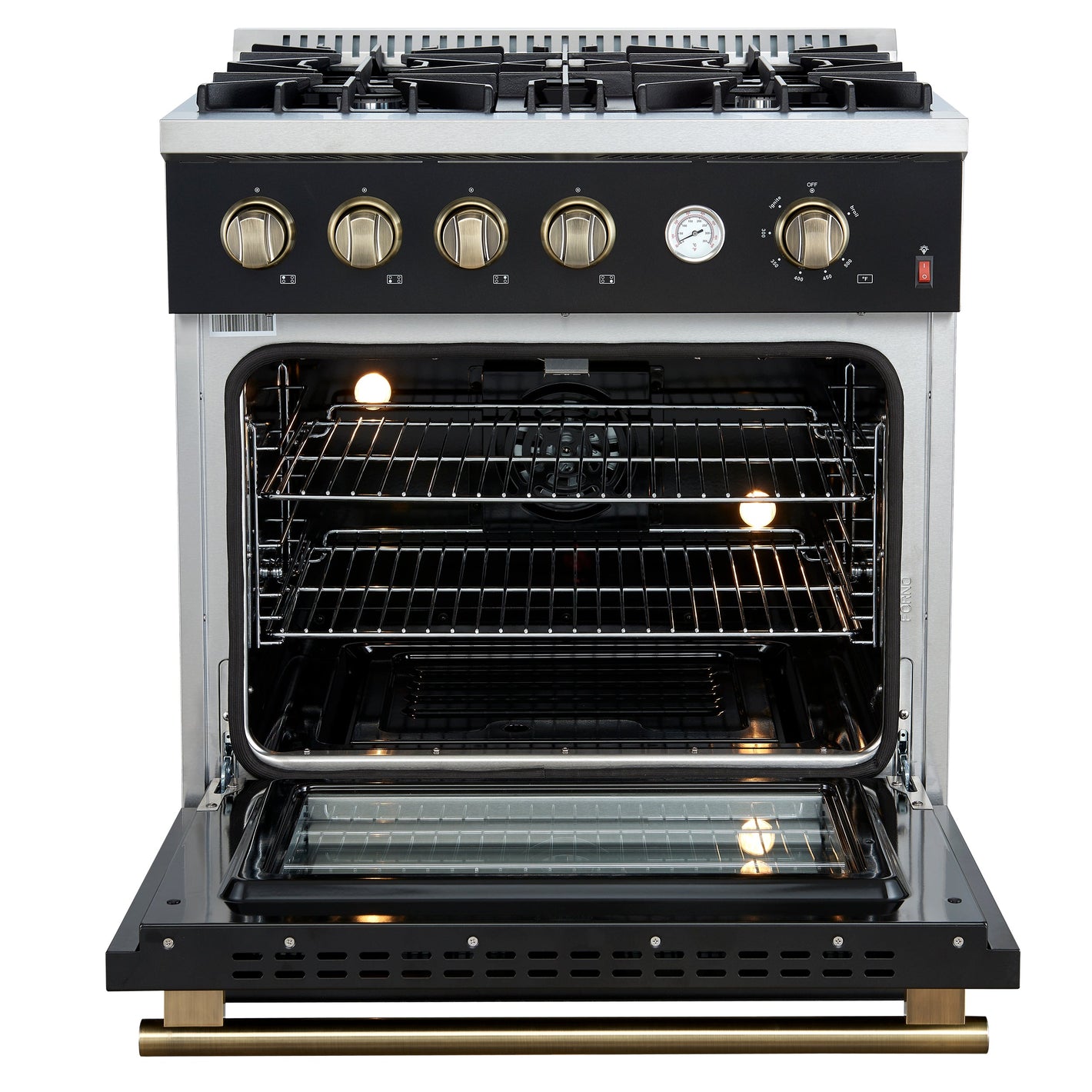 FORNO Marco 30" 4.32 cu.ft. Gas Range with 4 Burners and Temperature Gauge in Black with Antique Brass Accents, FFSGS6277-30BLK