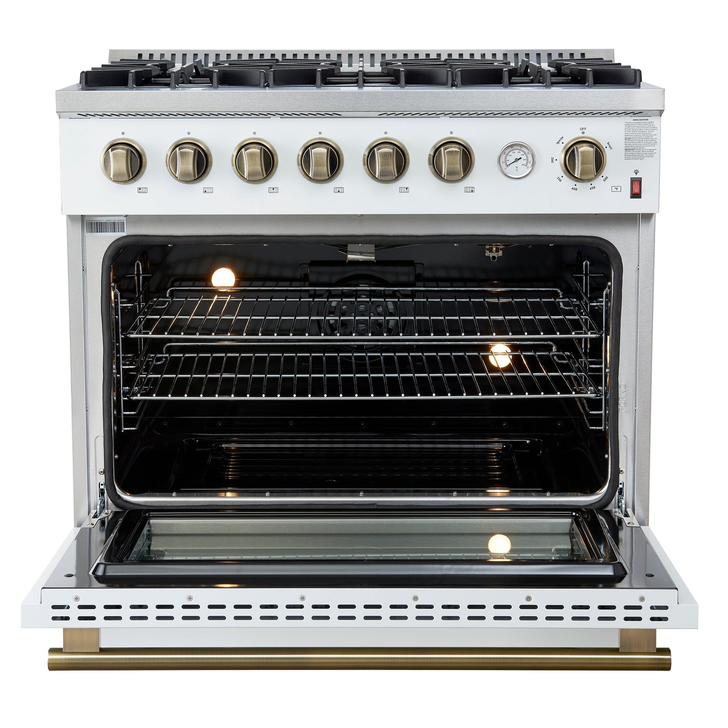 FORNO Marco 36" 5.36 cu.ft. Gas Range with 6 Burners and Temperature Gauge in Black with Antique Brass Accents, FFSGS6277-36WHT