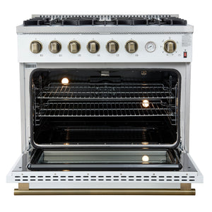 FORNO Marco 36" 5.36 cu.ft. Gas Range with 6 Burners and Temperature Gauge in Black with Antique Brass Accents, FFSGS6277-36WHT