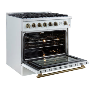 FORNO Marco 36" 5.36 cu.ft. Gas Range with 6 Burners and Temperature Gauge in Black with Antique Brass Accents, FFSGS6277-36WHT