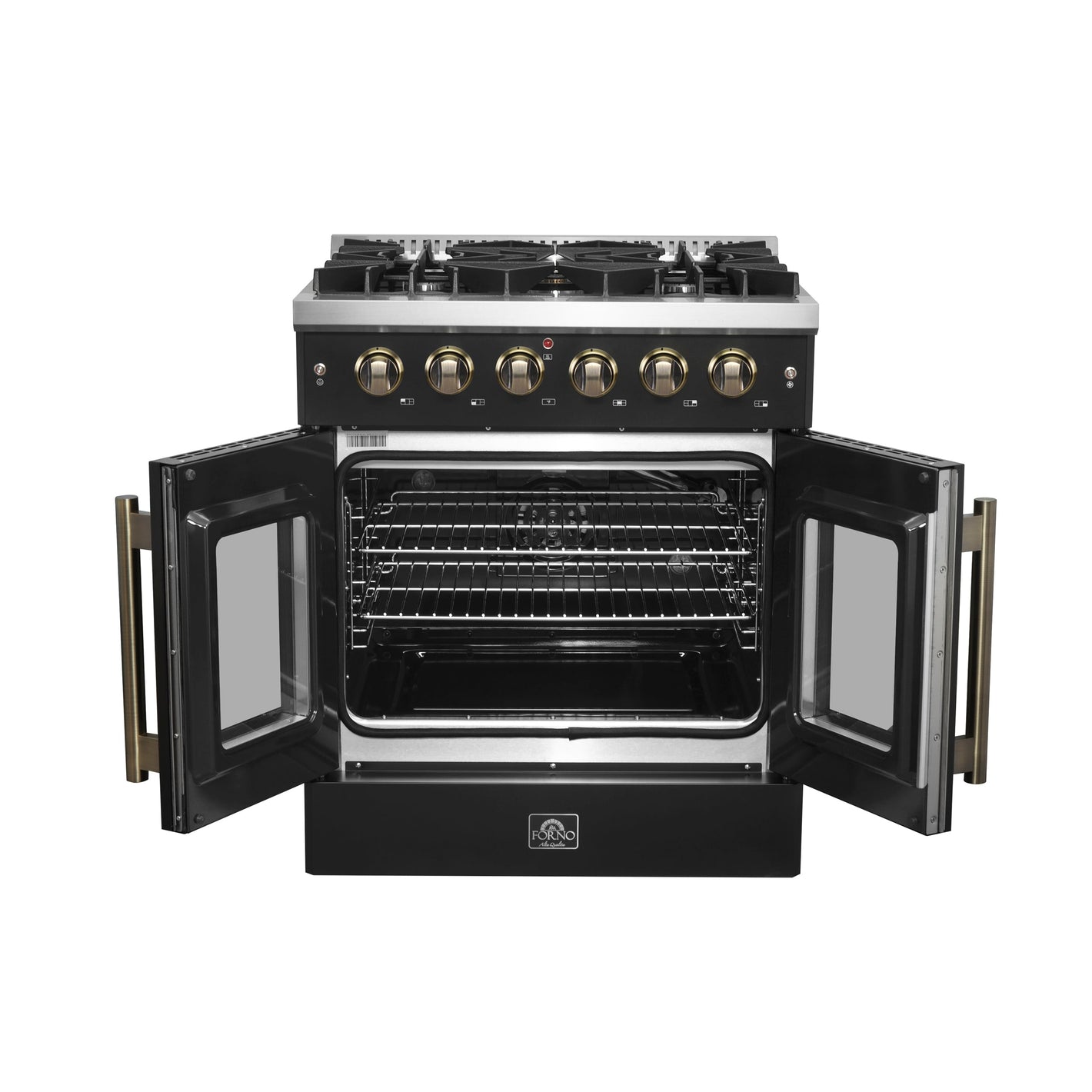 FORNO Galiano 30" 4.32 cu. ft. French Door Gas Range with 5 Sealed Burners in Black with Antique Brass Accents, FFSGS6444-30BLK