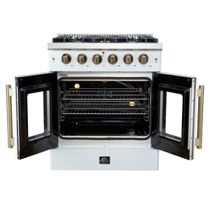 FORNO Galiano 30" 4.32 cu. ft. French Door Gas Range with 5 Sealed Burners in White with Antique Brass Accents, FFSGS6444-30WHT