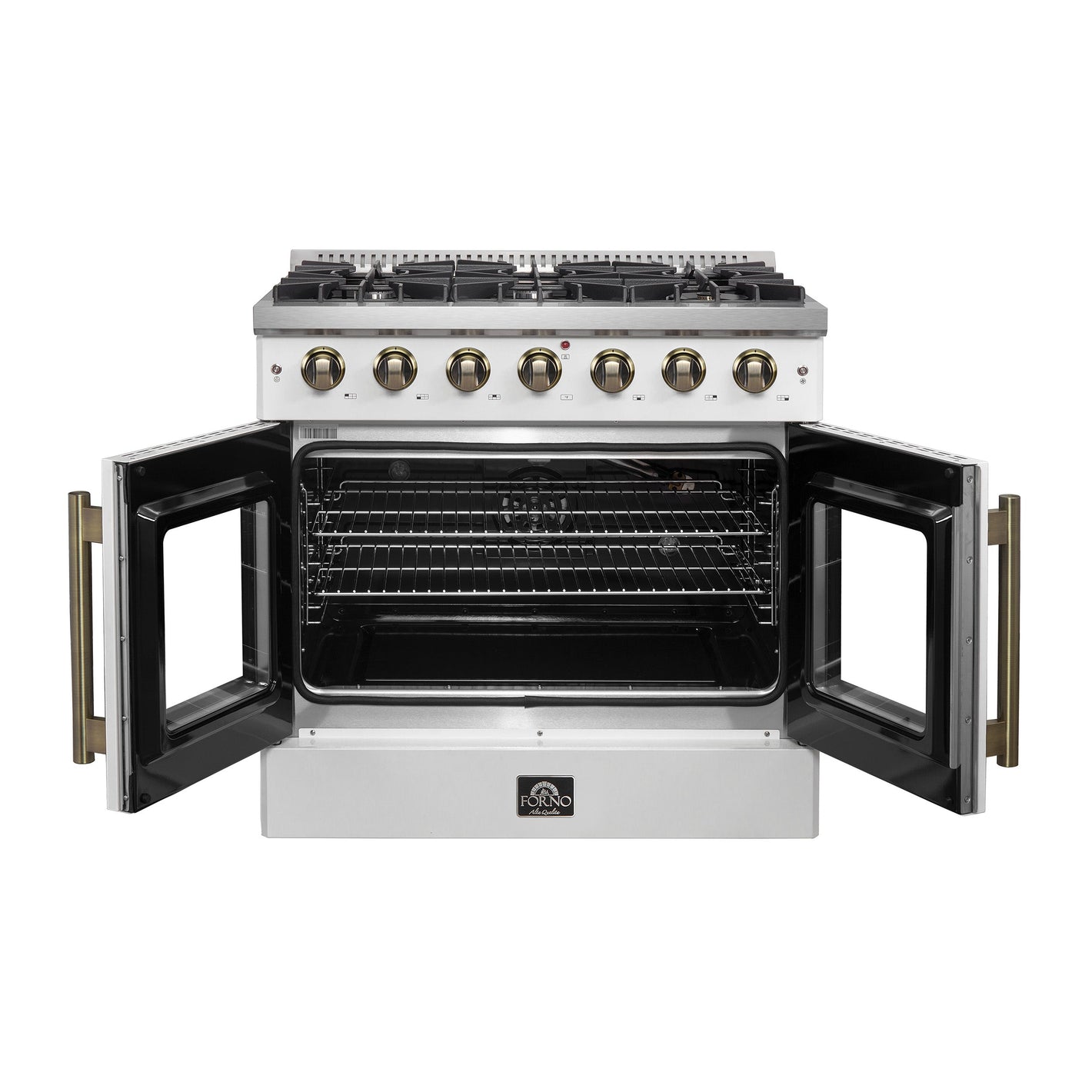FORNO Galiano 36" 5.36 cu. ft. French Door Gas Range with 6 Sealed Burners in White with Antique Brass Accents, FFSGS6444-36WHT