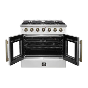 FORNO Galiano 36" 5.36 cu. ft. French Door Gas Range with 6 Sealed Burners in White with Antique Brass Accents, FFSGS6444-36WHT