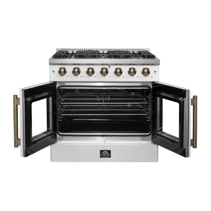 FORNO Galiano 36" 5.36 cu. ft. French Door Gas Range with 6 Sealed Burners in White with Antique Brass Accents, FFSGS6444-36WHT