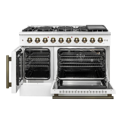 FORNO Galiano 48" 6.58 cu. ft. French Door Gas Range with 8 Sealed Burners and Griddle in White with Antique Brass Accents, FFSGS6444-48WHT
