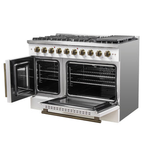 FORNO Galiano 48" 6.58 cu. ft. French Door Gas Range with 8 Sealed Burners and Griddle in White with Antique Brass Accents, FFSGS6444-48WHT