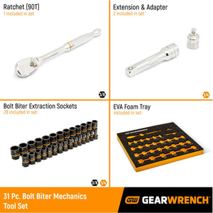 GearWrench 86525 31 Pc. 3/8" Drive 90T Ratchet and Bolt Biter Socket Set MM/SAE with EVA Foam Tray