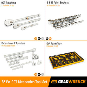GearWrench 86529 83 Pc. 1/4", 3/8", 1/2" 90-Tooth SAE/Metric Mechanics Tool Set with EVA Foam Tray