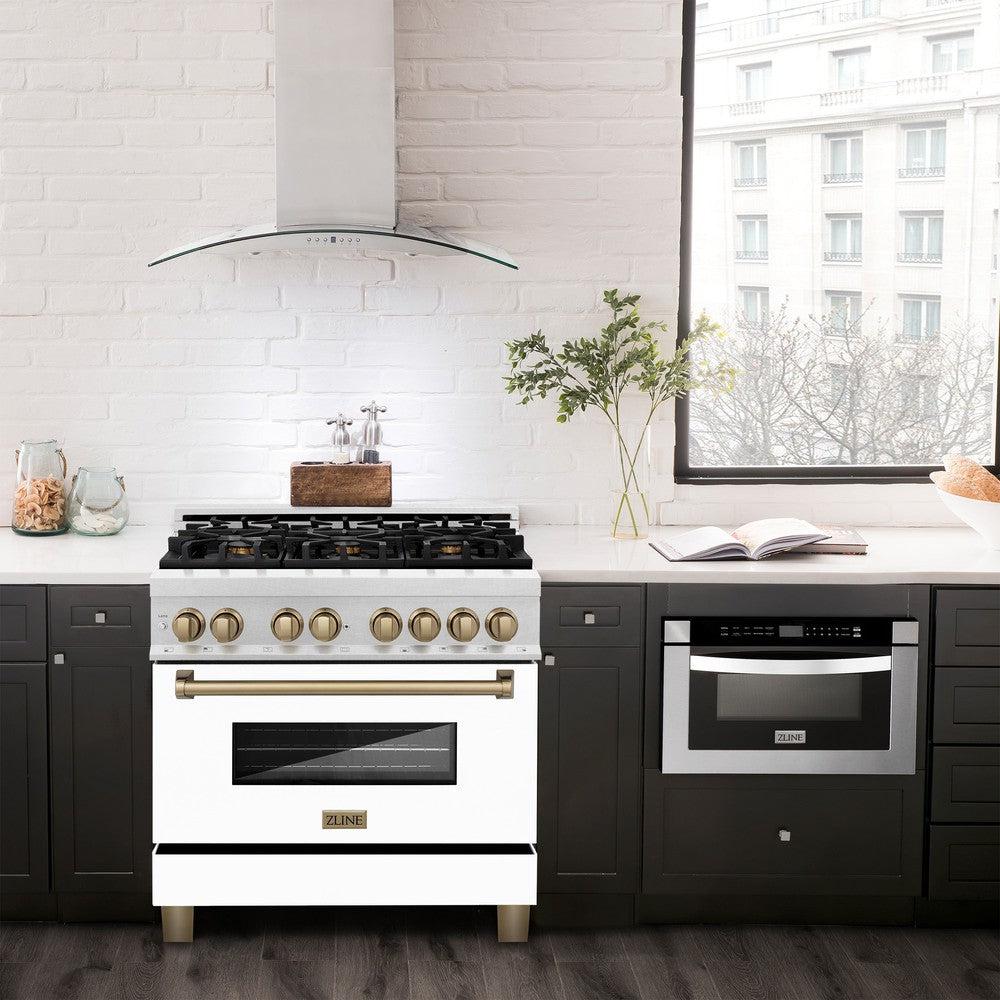 ZLINE Autograph Edition 36 in. 4.6 cu. ft. Legacy Dual Fuel Range with 6 Burner Gas Cooktop and Electric Convection Oven in DuraSnow® Stainless Steel with White Matte Door and Champagne Bronze Accents (RASZ-WM-36-CB)