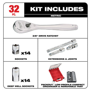 Milwaukee  48-22-9482 3/8” 32Pc Ratchet and Socket Set in PACKOUT - Metric