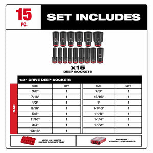 Milwaukee 49-66-6802 Shockwave Impact Duty Socket 1/2" Drive 15-Piece SAE Packout Set