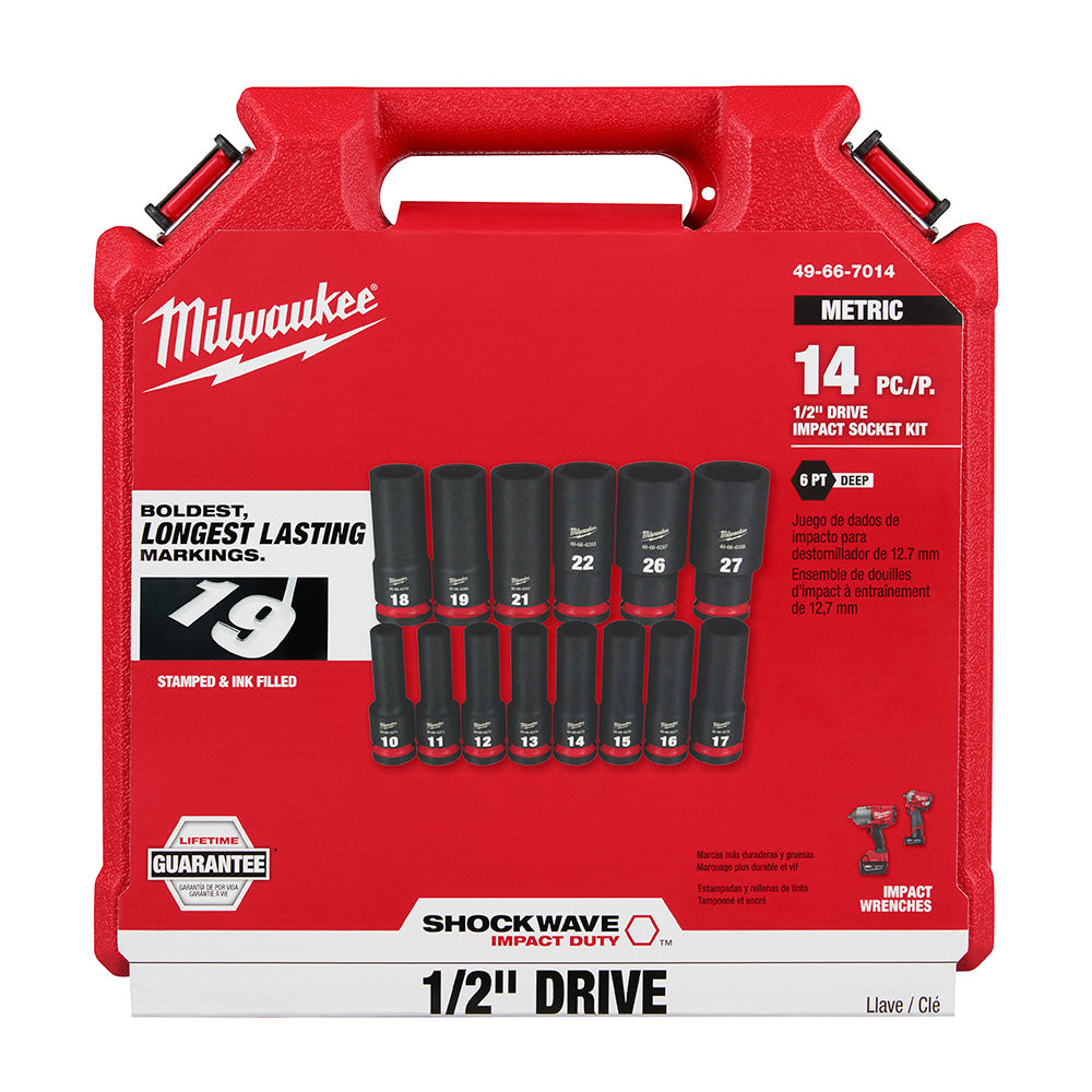 Milwaukee 49-66-7014 14PC SHOCKWAVE Impact Duty™ 1/2" Drive Metric Deep 6 Point Socket Set  - 10mm-27mm
