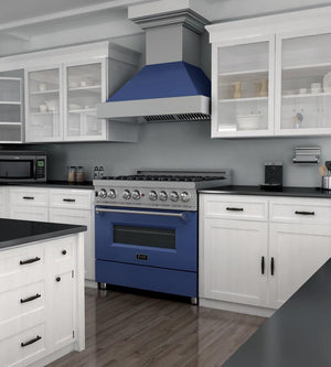 ZLINE 36 in. 4.6 cu. ft. Legacy Dual Fuel Range with 6 Burner Gas Cooktop and Electric Convection Oven in DuraSnow® Stainless Steel and Blue Matte Door (RAS-BM-36)