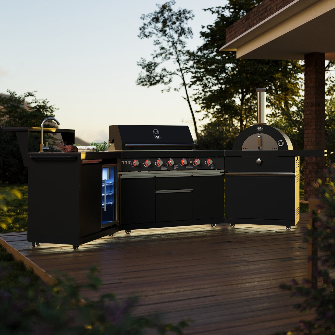 FORNO Outdoor Kitchen Set - Gas Grill with 4 Burners, Gas Pizza Oven, Sink Module/Beverage Center with Black Sintered Stone Countertop