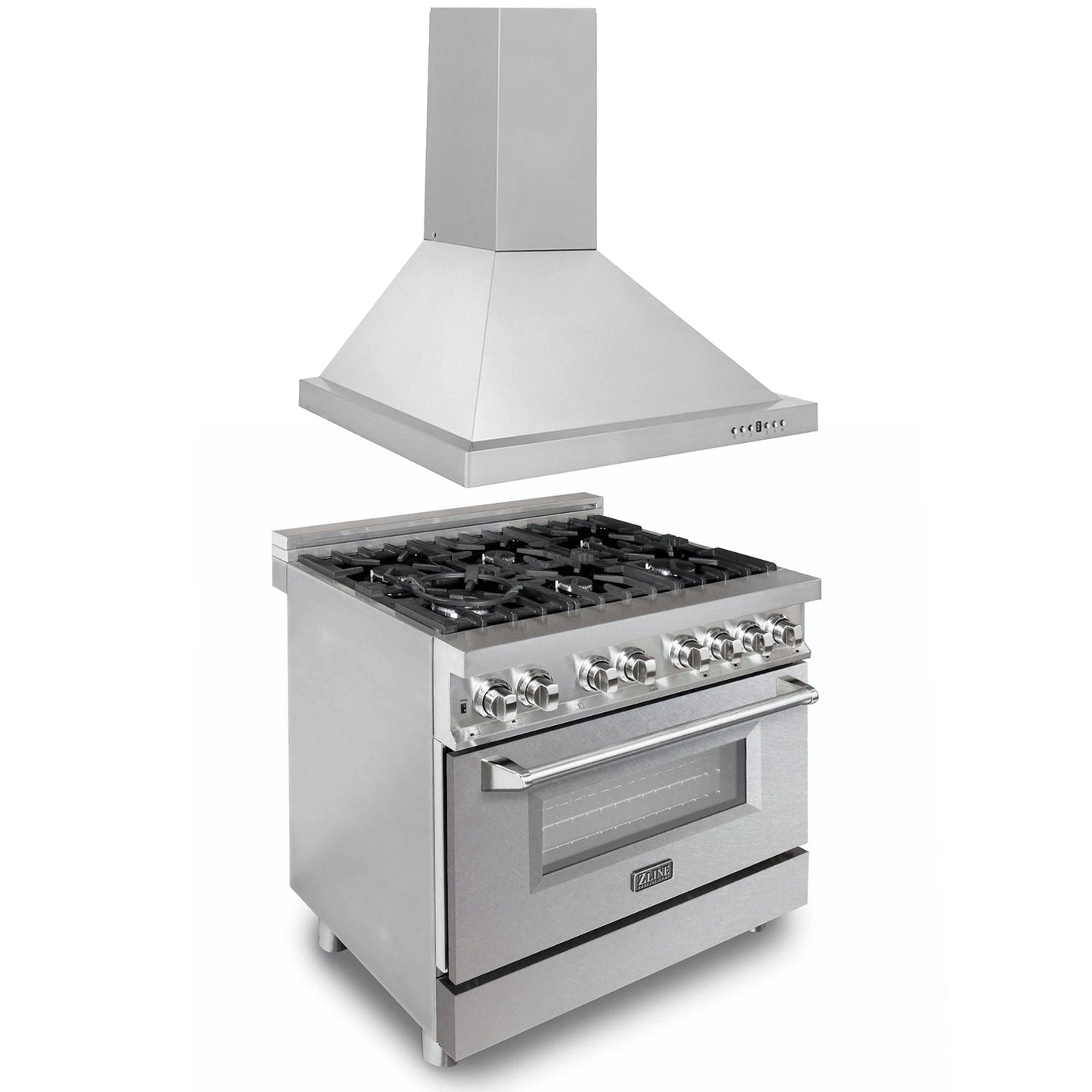 ZLINE 36 in. Kitchen Package with Stainless Steel Dual Fuel Range with DuraSnow® Door and Convertible Vent Range Hood (2KP-RASNRH36)