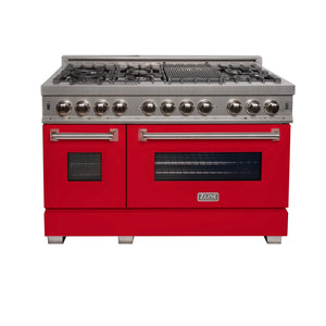 ZLINE 48 in. Kitchen Package with DuraSnow® Stainless Steel Dual Fuel Range with Red Matte Doors and Convertible Vent Range Hood (2KP-RASRMRH48)