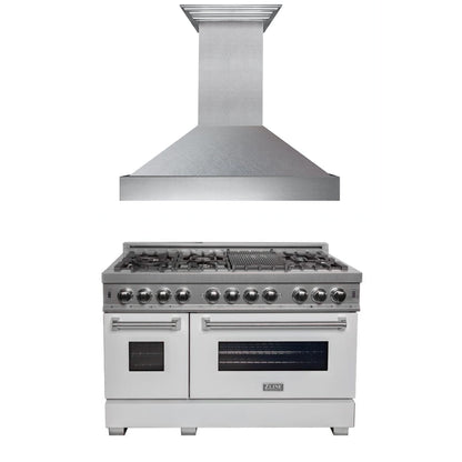 ZLINE 48 in. Kitchen Package with DuraSnow® Stainless Steel Dual Fuel Range with White Matte Doors and Convertible Vent Range Hood (2KP-RASWMRH48)