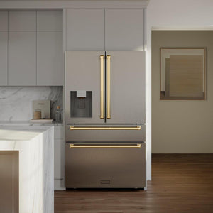 ZLINE Autograph Edition 36 in. 21.6 cu. ft. Counter-Depth French Door Refrigerator with Water and Ice Dispenser in Fingerprint-Resistant Stainless Steel with Polished Gold Traditional Handles (RFMZ-W-36-G)