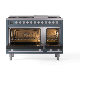 ILVE 48-Inch Professional Plus II Dual Fuel Range with 8 Burners, Griddle, and Solid Door Oven in Blue Grey (UP48FQMPBG)