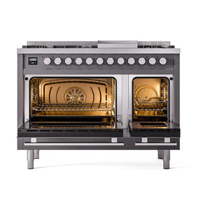 ILVE 48-Inch Professional Plus II Dual Fuel Range with 8 Burners, Griddle, and Solid Door Oven in Matte Graphite (UP48FQMPMG)