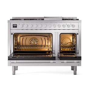 ILVE 48-inch Professional Plus II Dual Fuel Range with 8 Burners, Griddle, and Solid Door Oven in Stainless Steel (UP48FQMPSS)