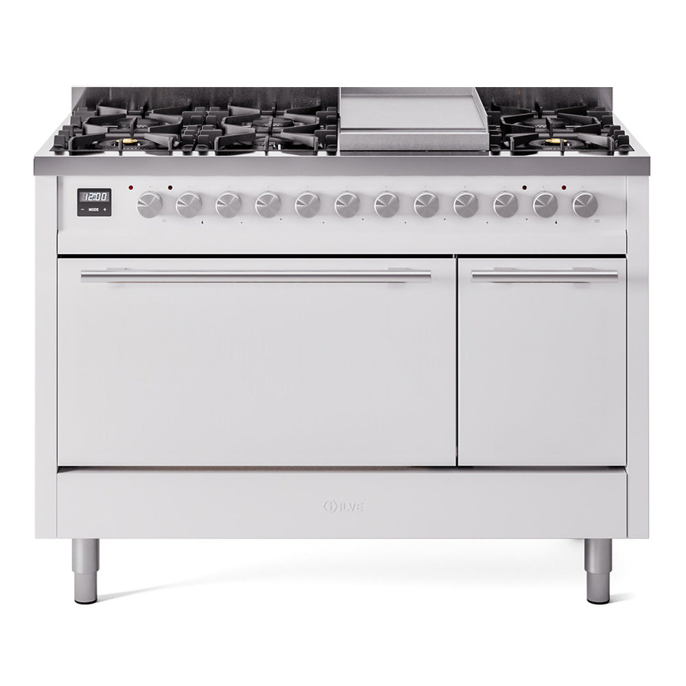 ILVE 48-inch Professional Plus II Dual Fuel Range with 8 Burners, Griddle, and Solid Door Oven in White (UP48FQMPWH)