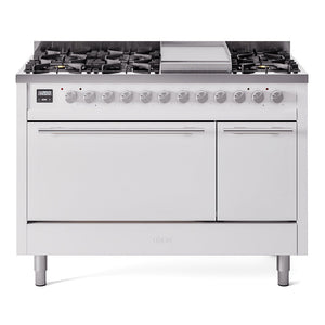 ILVE 48-inch Professional Plus II Dual Fuel Range with 8 Burners, Griddle, and Solid Door Oven in White (UP48FQMPWH)