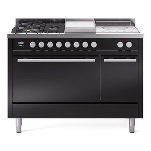ILVE Professional Plus II 48-inch Dual Fuel Range with 5 Burners, Griddle, & French Top with Solid Door Oven in Glossy Black (UP48FSQMPBK)