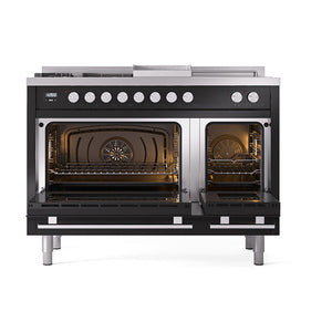 ILVE Professional Plus II 48-inch Dual Fuel Range with 5 Burners, Griddle, & French Top with Solid Door Oven in Glossy Black (UP48FSQMPBK)