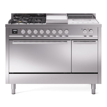 ILVE Professional Plus II 48-inch Dual Fuel Range with 5 Burners, Griddle, & French Top with Solid Door Oven in Stainless Steel (UP48FSQMPSS)