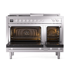ILVE Professional Plus II 48-inch Dual Fuel Range with 5 Burners, Griddle, & French Top with Solid Door Oven in Stainless Steel (UP48FSQMPSS)