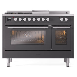 ILVE Professional Plus II 48-inch Dual Fuel Range with 5 Burners, Griddle, & French Top with Triple Glass Door Oven in Matte Graphite (UP48FSWMPMG)