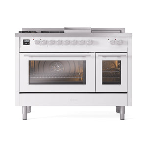 ILVE Professional Plus II 48-inch Dual Fuel Range with 5 Burners, Griddle, & French Top with Triple Glass Door Oven in White (UP48FSWMPWH)