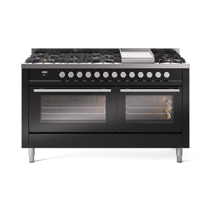 ILVE 60-inch Professional Plus II Dual Fuel Range with 9 Burners, Griddle, and Triple Glass Door Oven in Glossy Black (UP60FWMPBK)