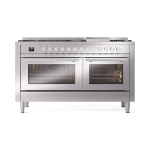 ILVE 60-inch Professional Plus II Dual Fuel Range with 9 Burners, Griddle, and Triple Glass Door Oven in Stainless Steel (UP60FWMPSS)